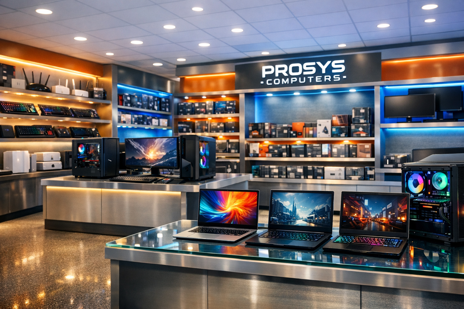 Modern Prosys Computers showroom with colorful hardware displays